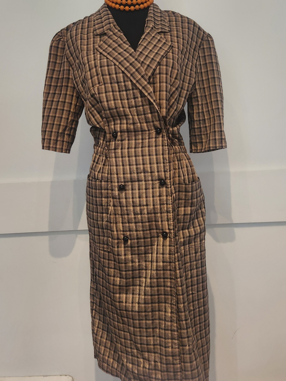 One Of A Kind ..Retro ..Brown Plaid Double-Breasted Midi Dress